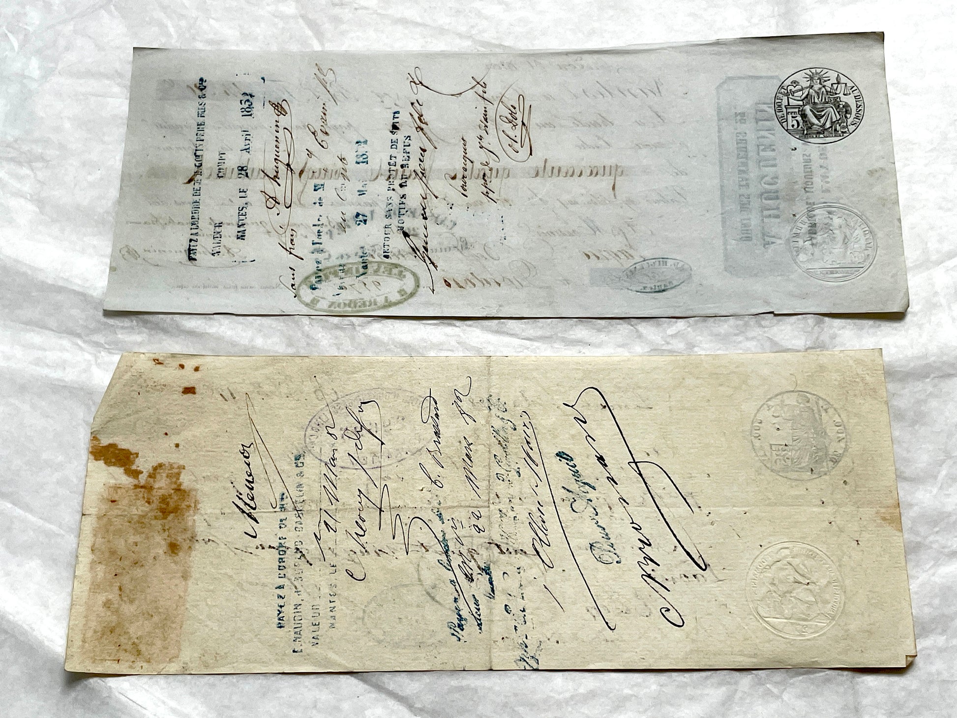 Set of 6 Mid 19th Century French exchange letters with elaborate calligraphy and official stamps, vintage paper documents.