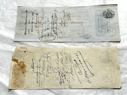 Set of 6 Mid 19th Century French exchange letters with elaborate calligraphy and official stamps, vintage paper documents.