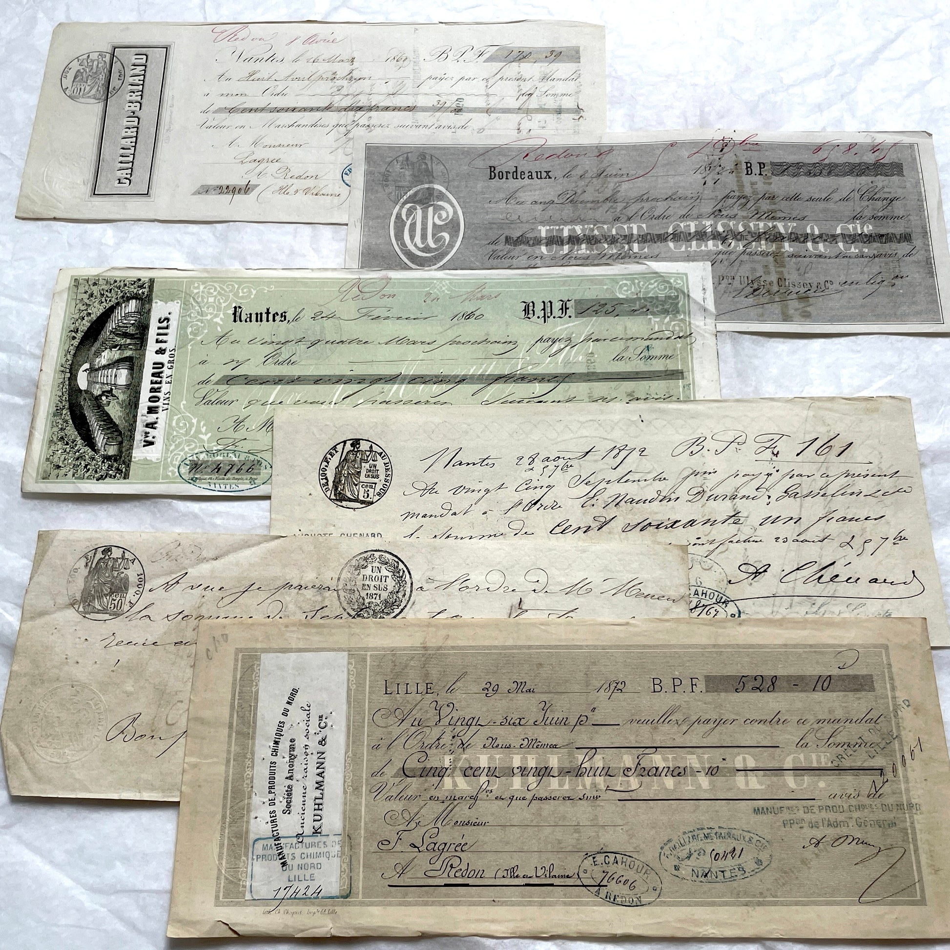 Set of 6 Mid 19th Century French exchange letters featuring elegant handwriting and historical stamps.