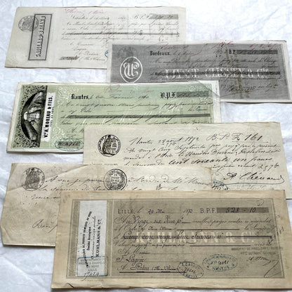 Set of 6 Mid 19th Century French exchange letters featuring elegant handwriting and historical stamps.