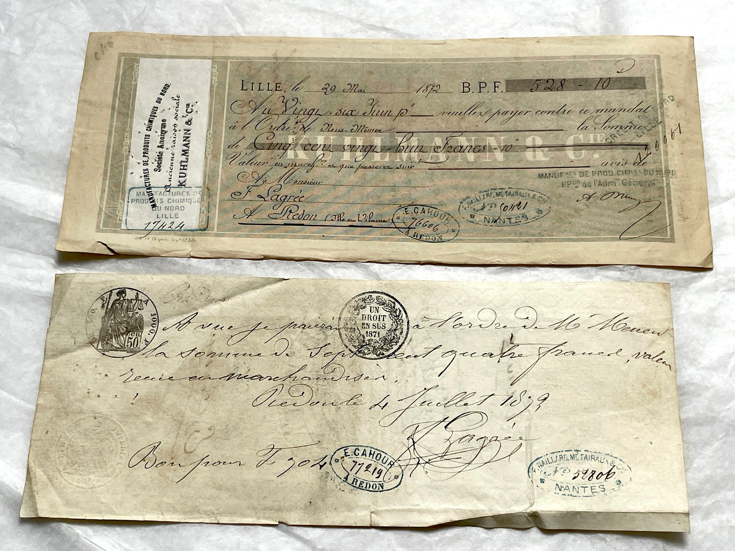 Set of 6 Mid 19th Century French exchange letters featuring elegant handwriting and historical stamps.