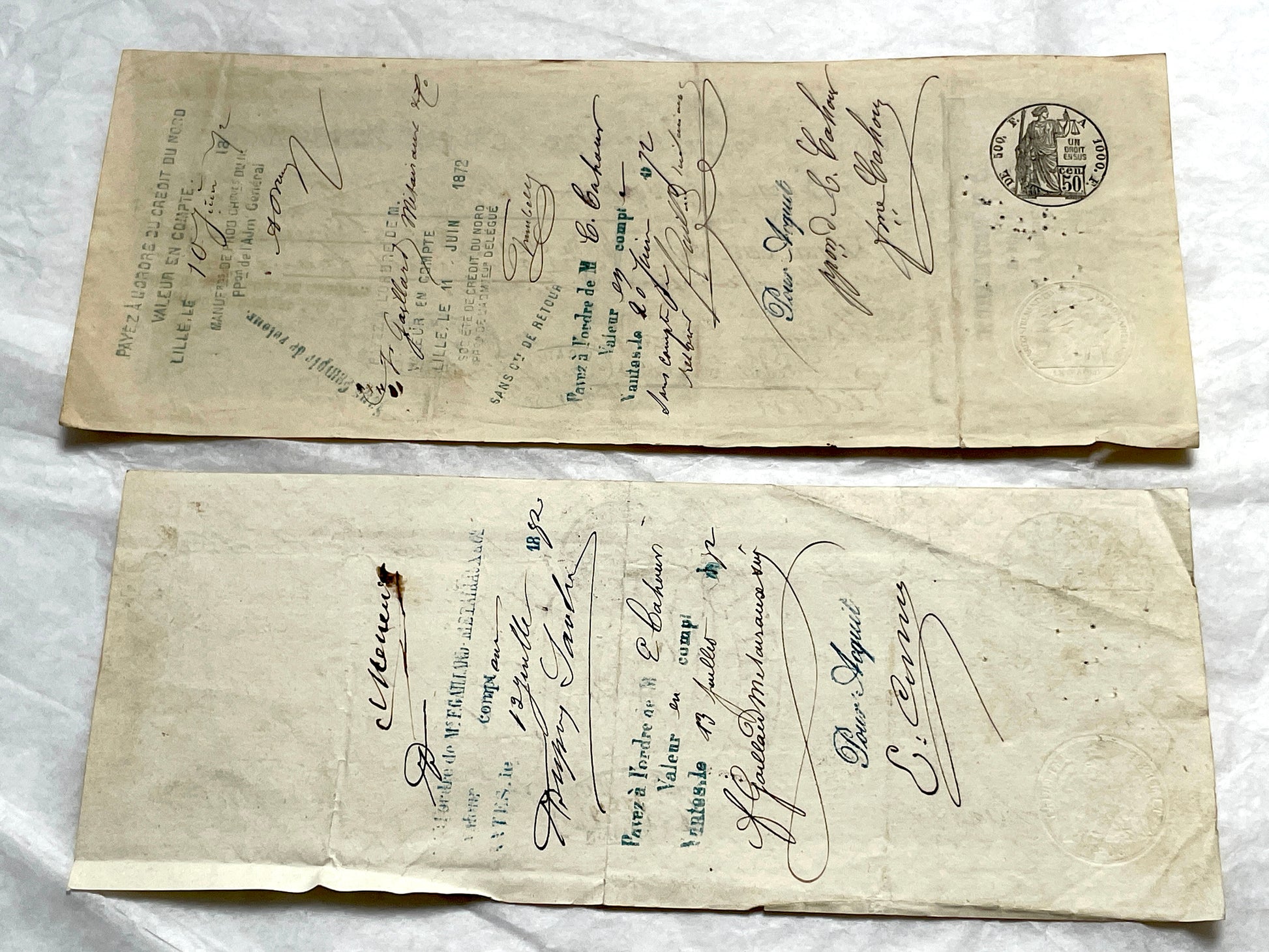 Set of 6 Mid 19th Century French exchange letters featuring elegant handwriting and historical stamps.