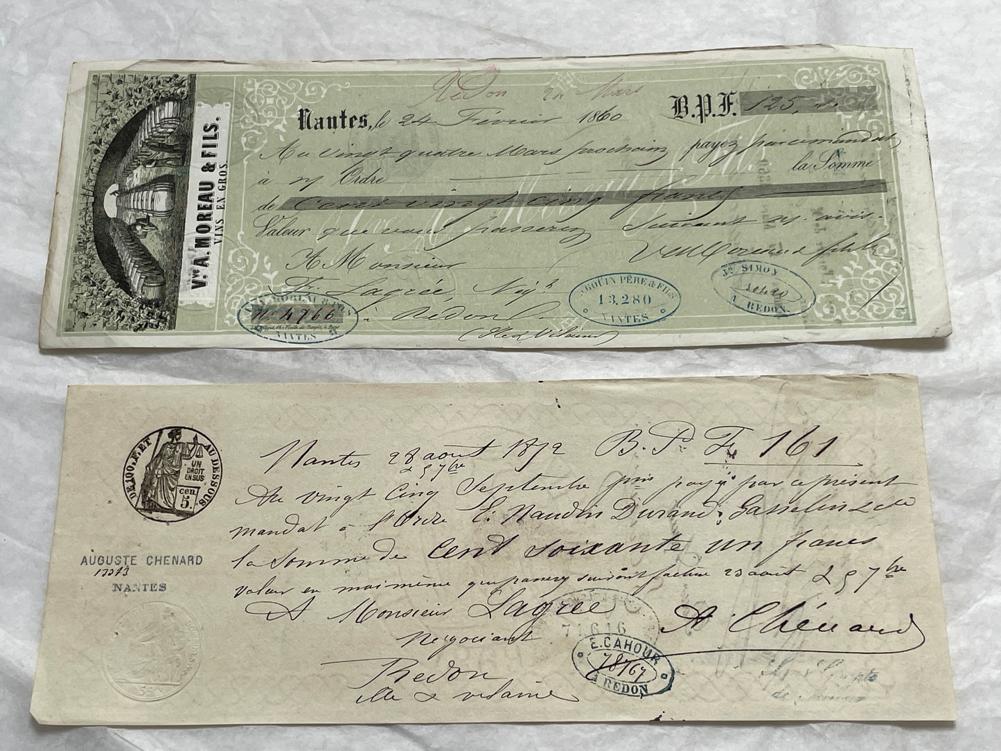Set of 6 Mid 19th Century French exchange letters featuring elegant handwriting and historical stamps.