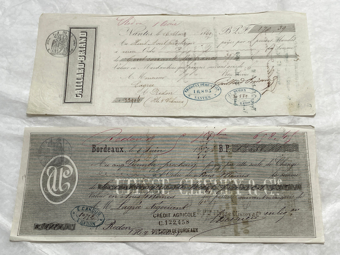 Set of 6 Mid 19th Century French exchange letters featuring elegant handwriting and historical stamps.