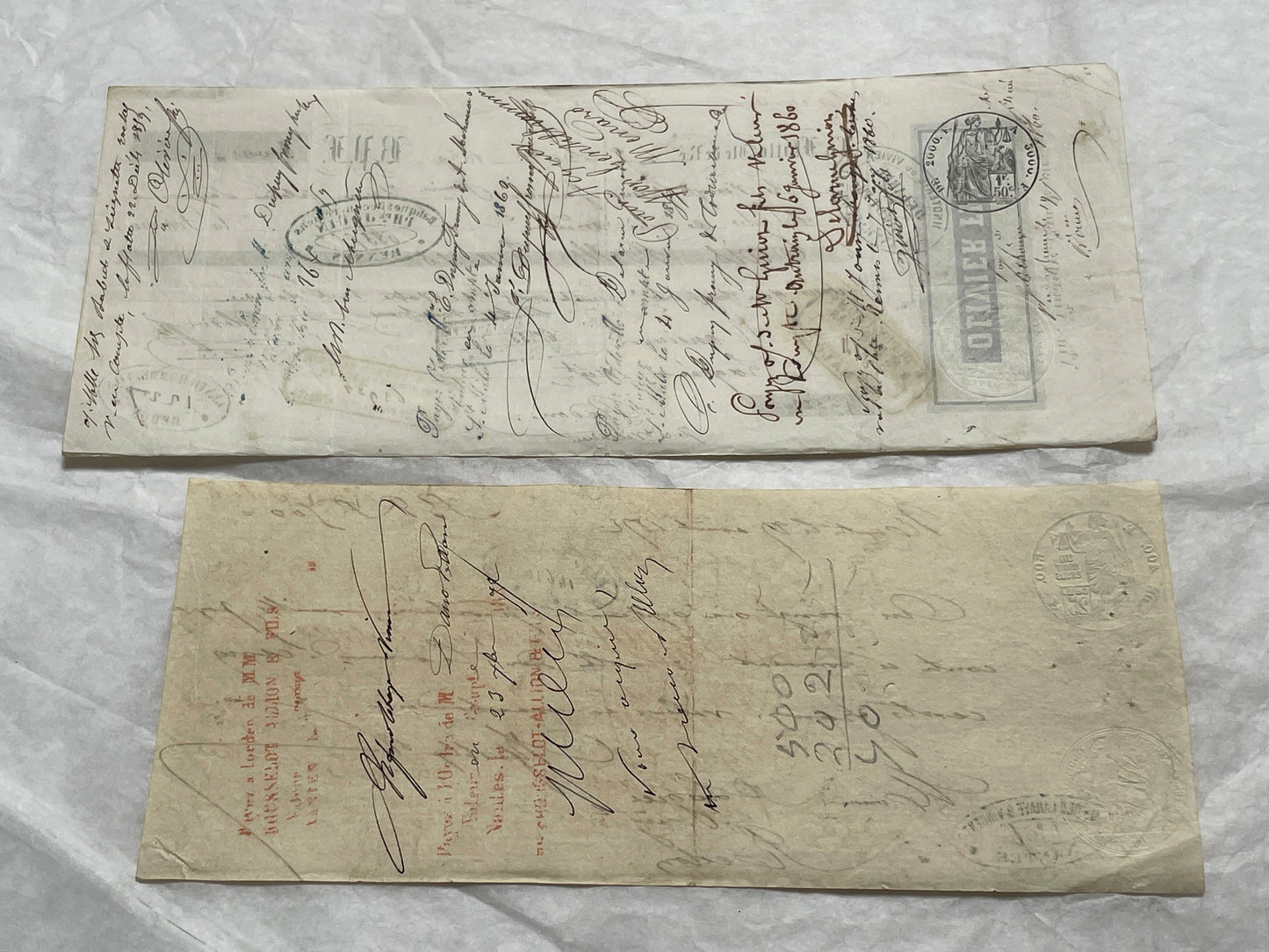Mid 19th century French exchange letters set with handwritten text and commercial stamps from European merchants.