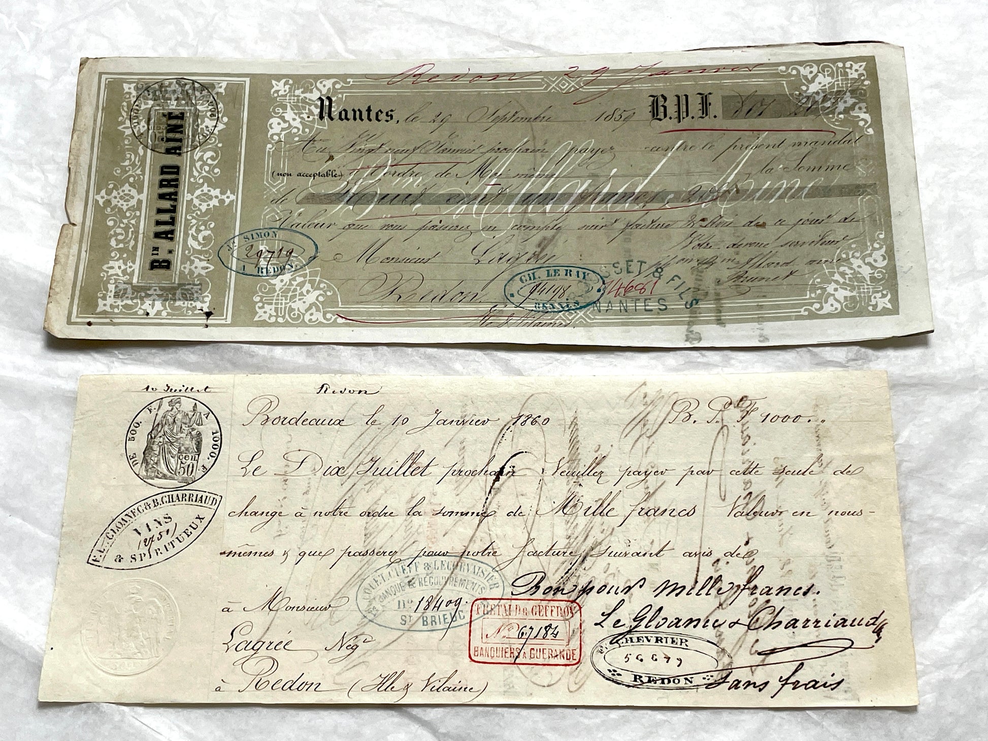 Mid 19th century French exchange letters set with handwritten text and commercial stamps from European merchants.