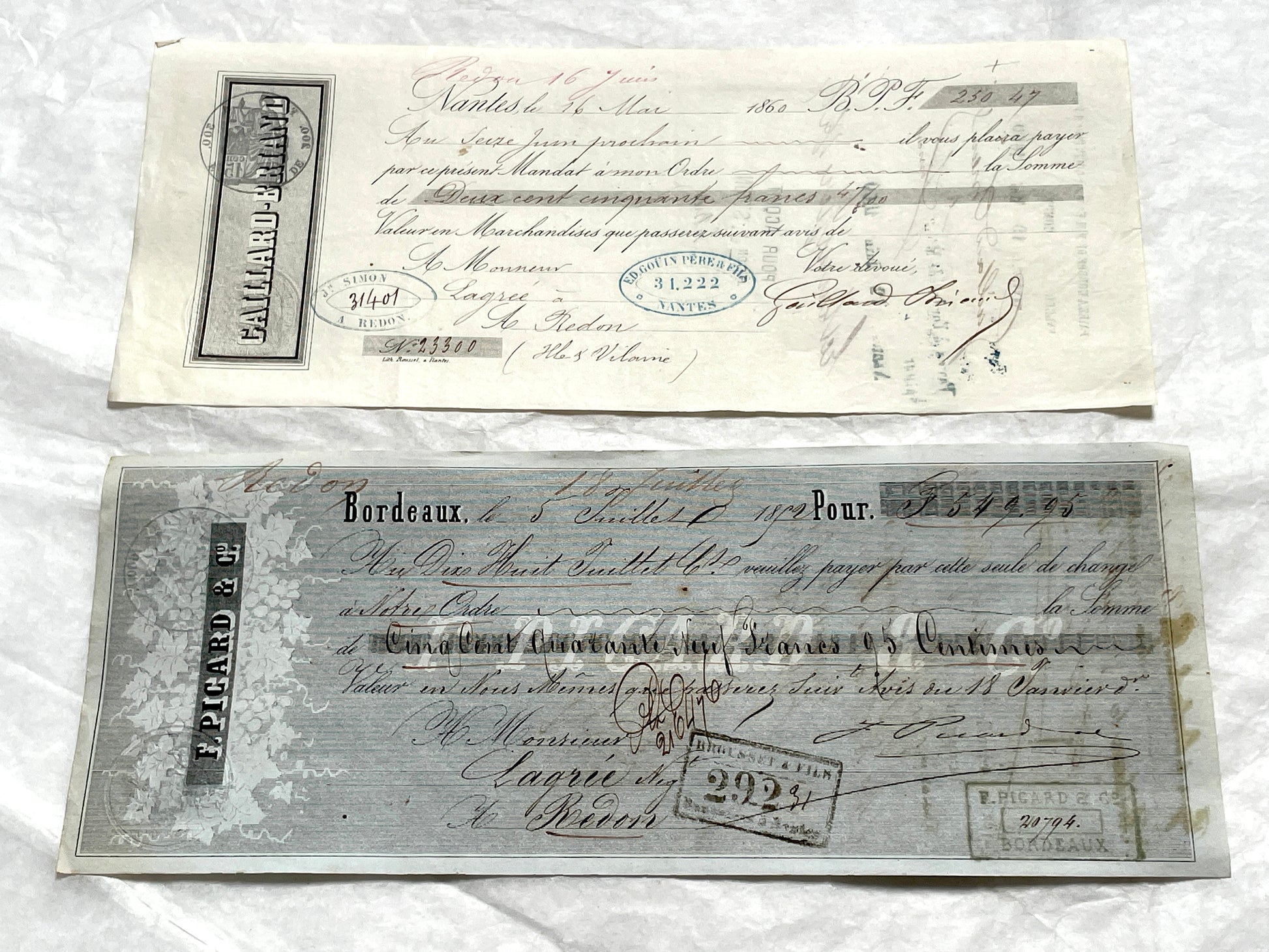 Mid 19th century French exchange letters set with handwritten text and commercial stamps from European merchants.