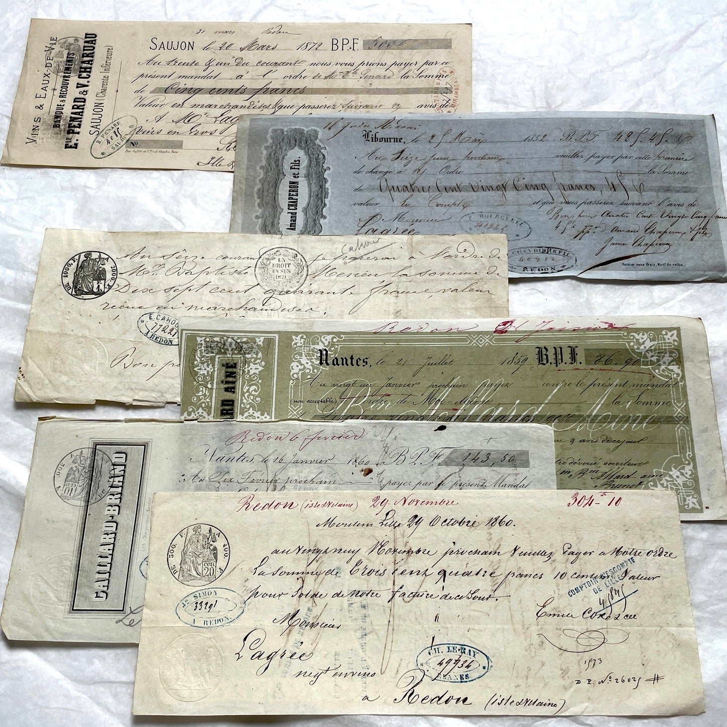 Set of 6 Late 19th Century French exchange letters with elegant script and vintage stamps, showing historical financial docum