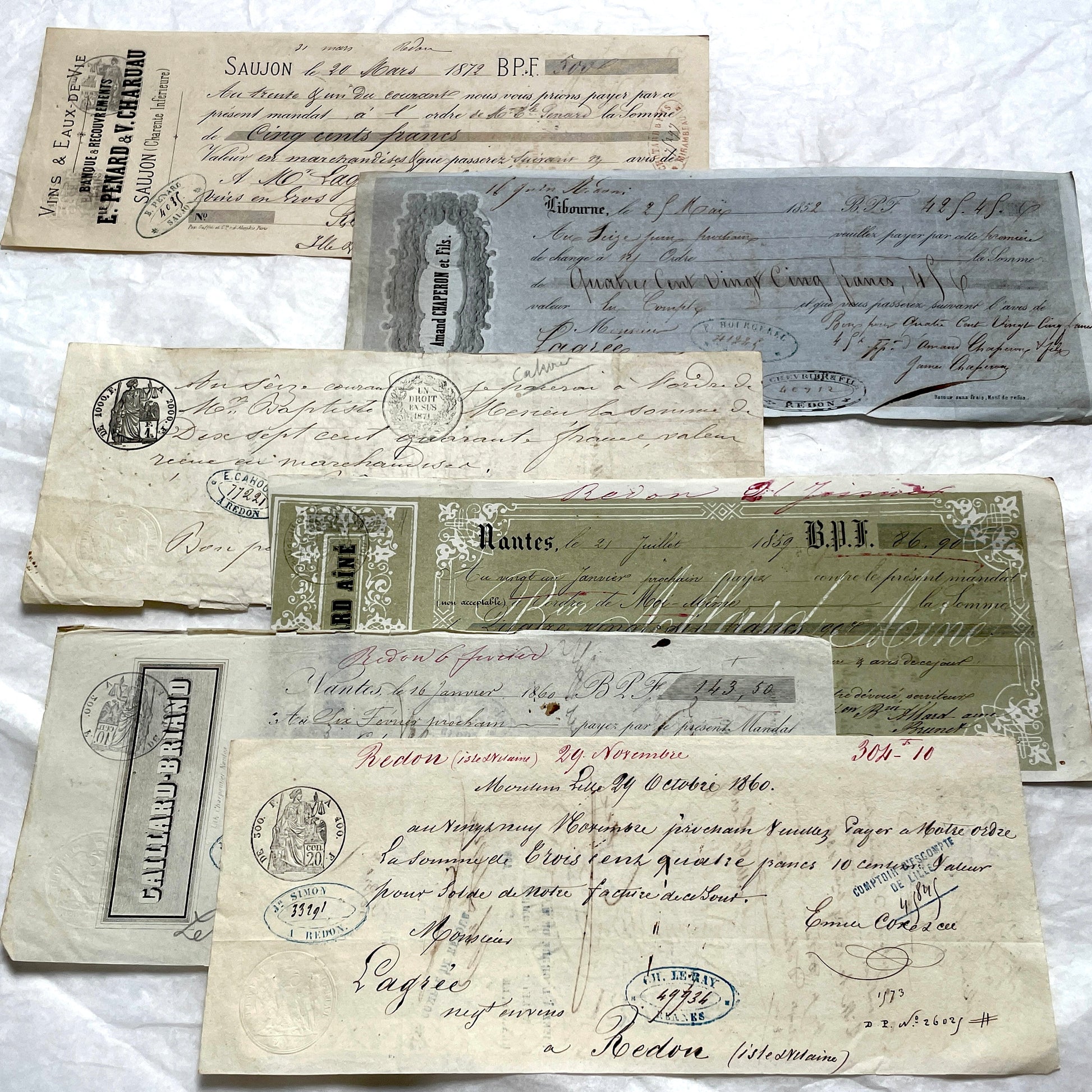 Set of 6 Late 19th Century French exchange letters with elegant script and vintage stamps, showing historical financial docum