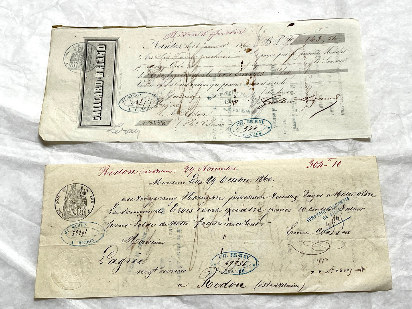 Set of 6 Late 19th Century French exchange letters with elegant script and vintage stamps, showing historical financial docum