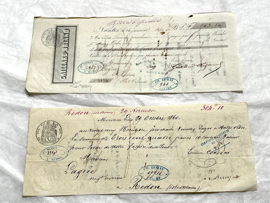 Set of 6 Late 19th Century French exchange letters with elegant script and vintage stamps, showing historical financial docum