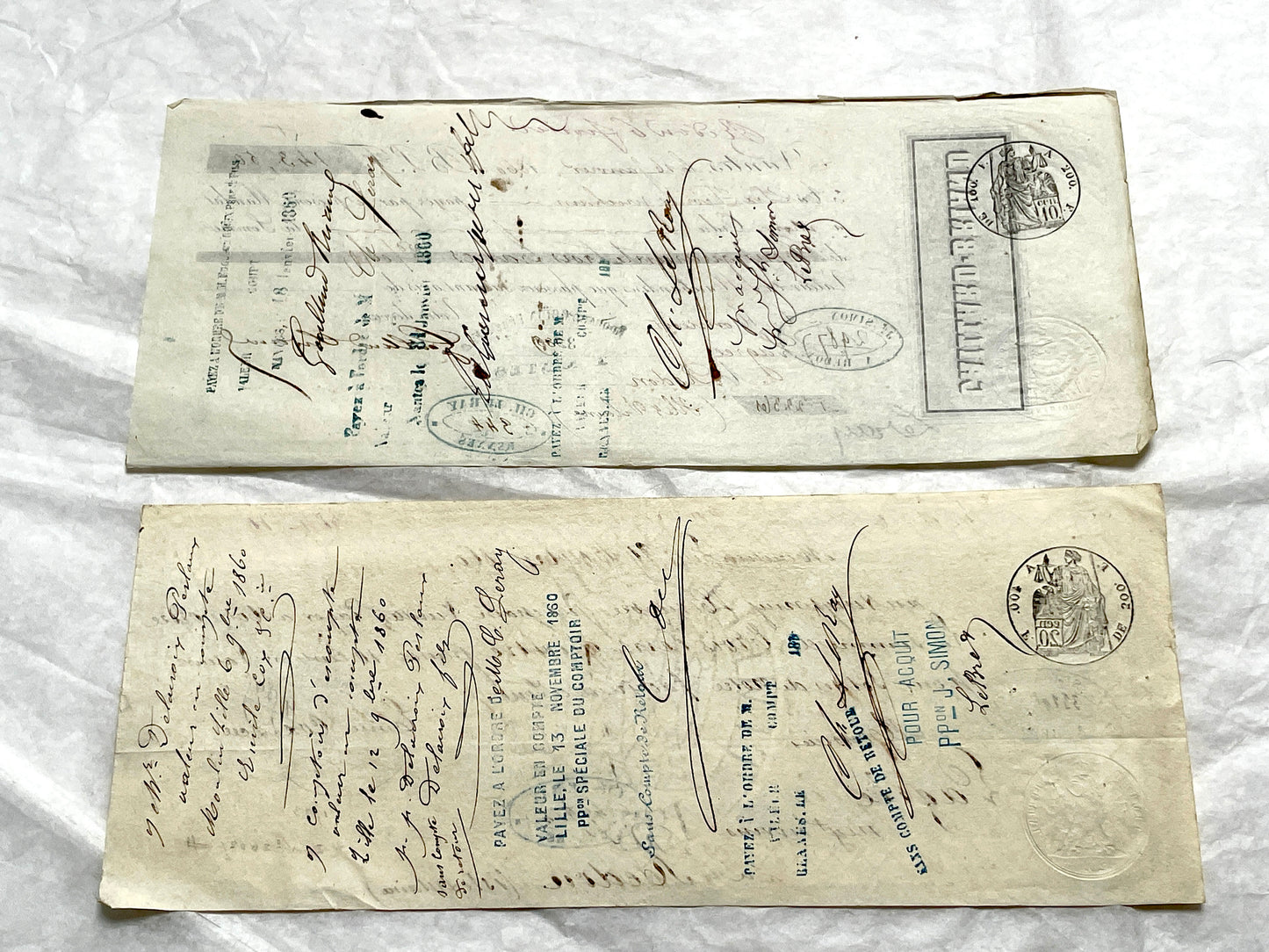 Set of 6 Late 19th Century French exchange letters with elegant script and vintage stamps, showing historical financial docum