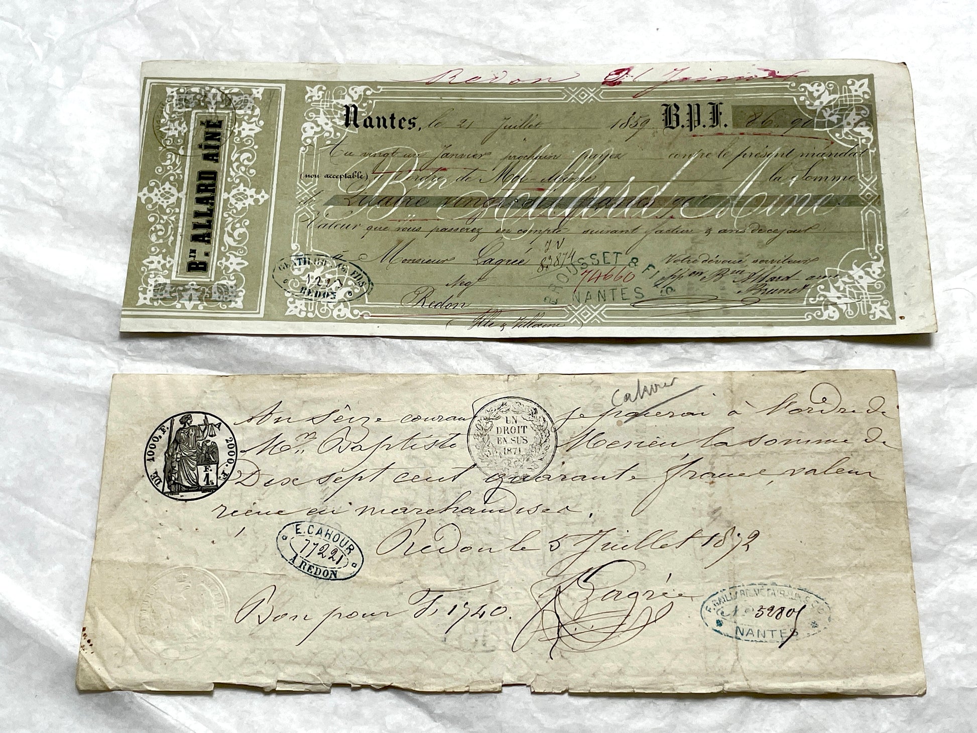 Set of 6 Late 19th Century French exchange letters with elegant script and vintage stamps, showing historical financial docum