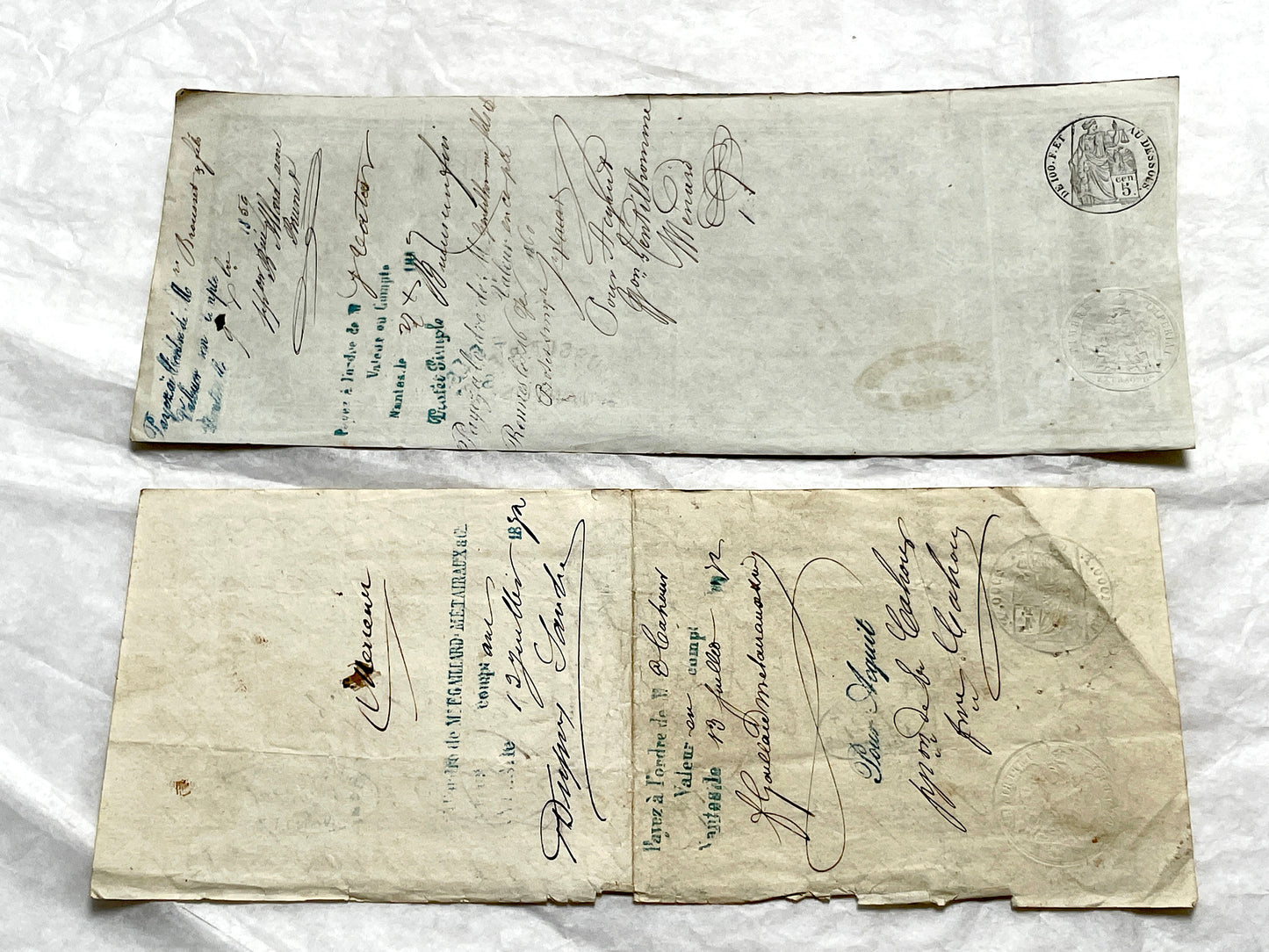 Set of 6 Late 19th Century French exchange letters with elegant script and vintage stamps, showing historical financial docum