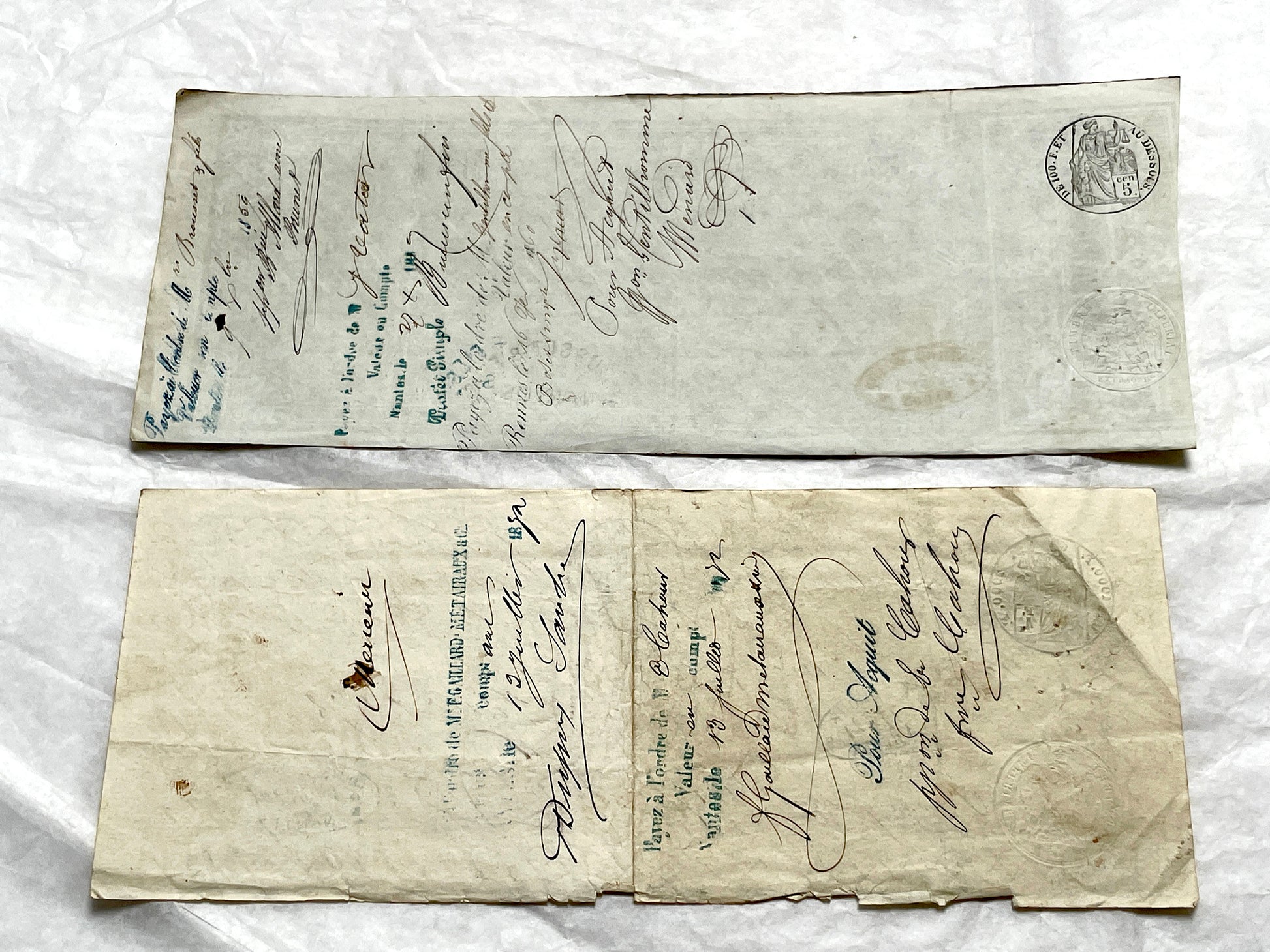 Set of 6 Late 19th Century French exchange letters with elegant script and vintage stamps, showing historical financial docum