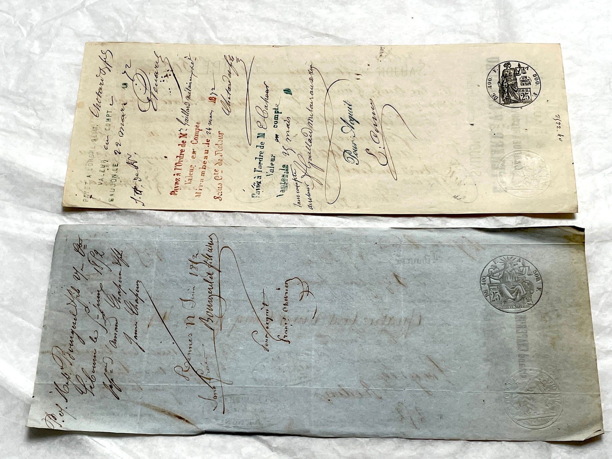 Set of 6 Late 19th Century French exchange letters with elegant script and vintage stamps, showing historical financial docum