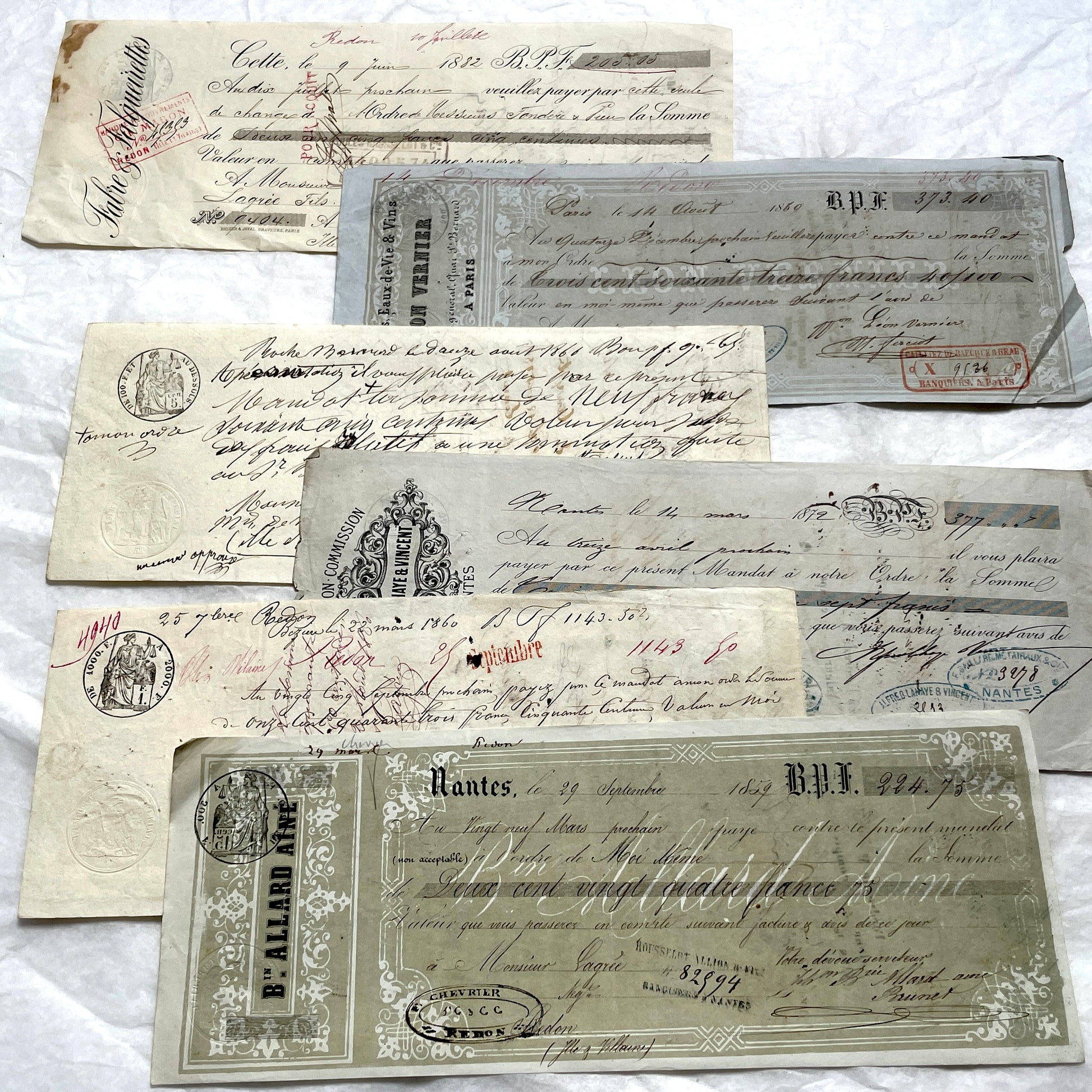 Set of 6 French exchange letters, Late 19th century, with handwritten script, official stamps, and aged paper texture.