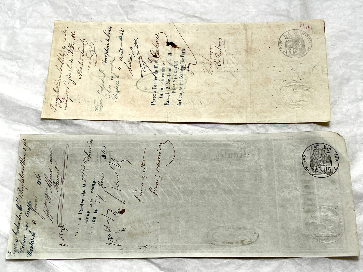 Set of 6 French exchange letters, Late 19th century, with handwritten script, official stamps, and aged paper texture.