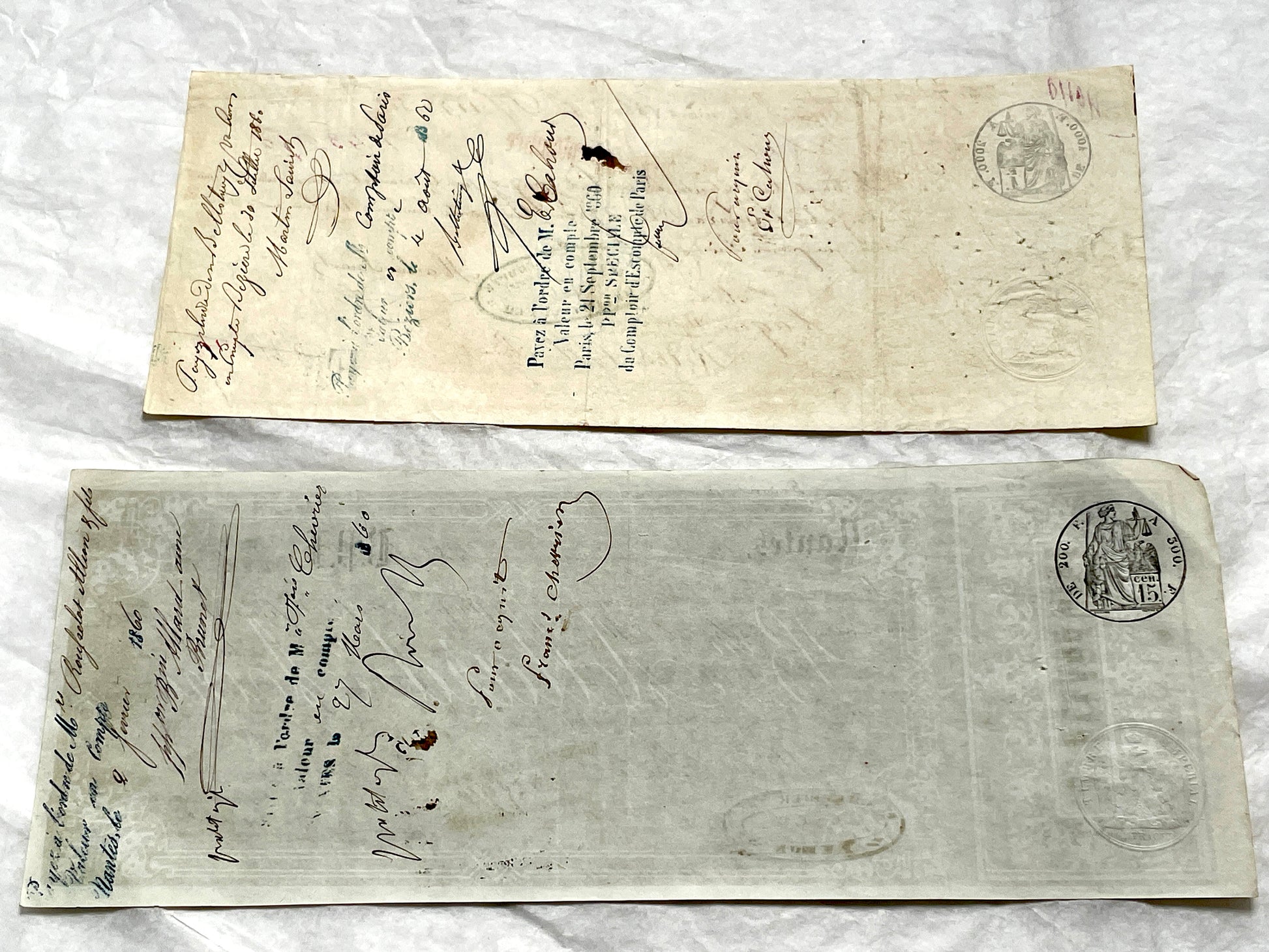 Set of 6 French exchange letters, Late 19th century, with handwritten script, official stamps, and aged paper texture.