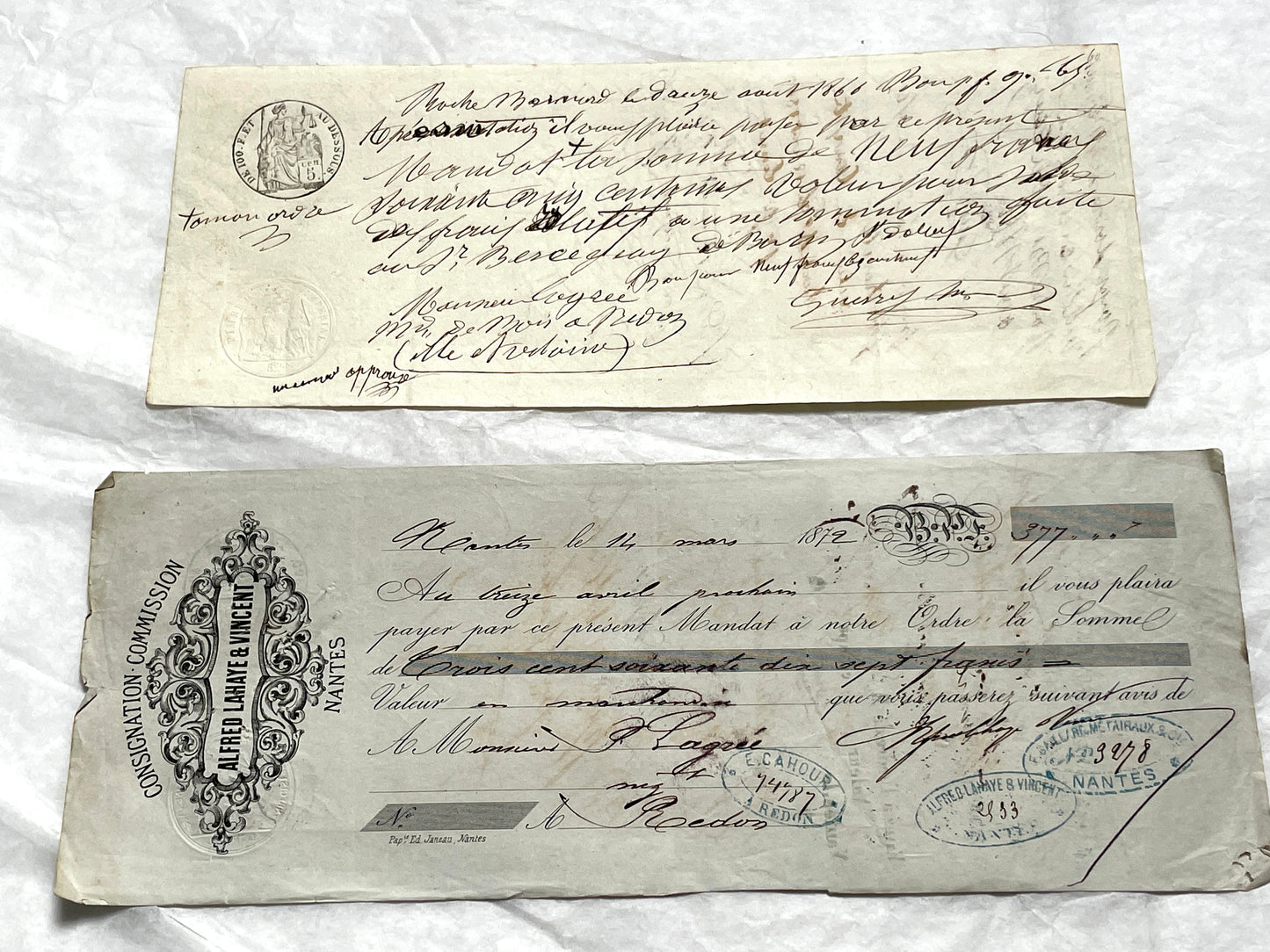 Set of 6 French exchange letters, Late 19th century, with handwritten script, official stamps, and aged paper texture.