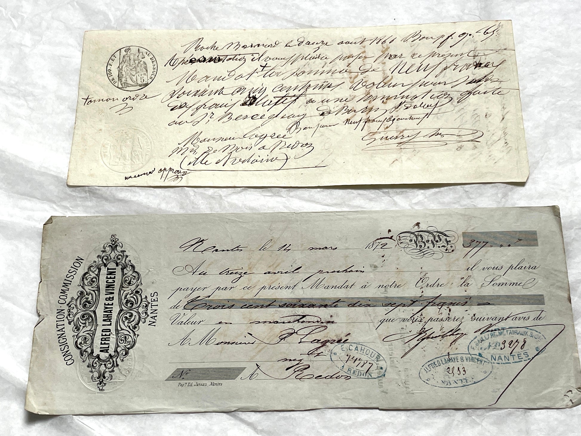 Set of 6 French exchange letters, Late 19th century, with handwritten script, official stamps, and aged paper texture.