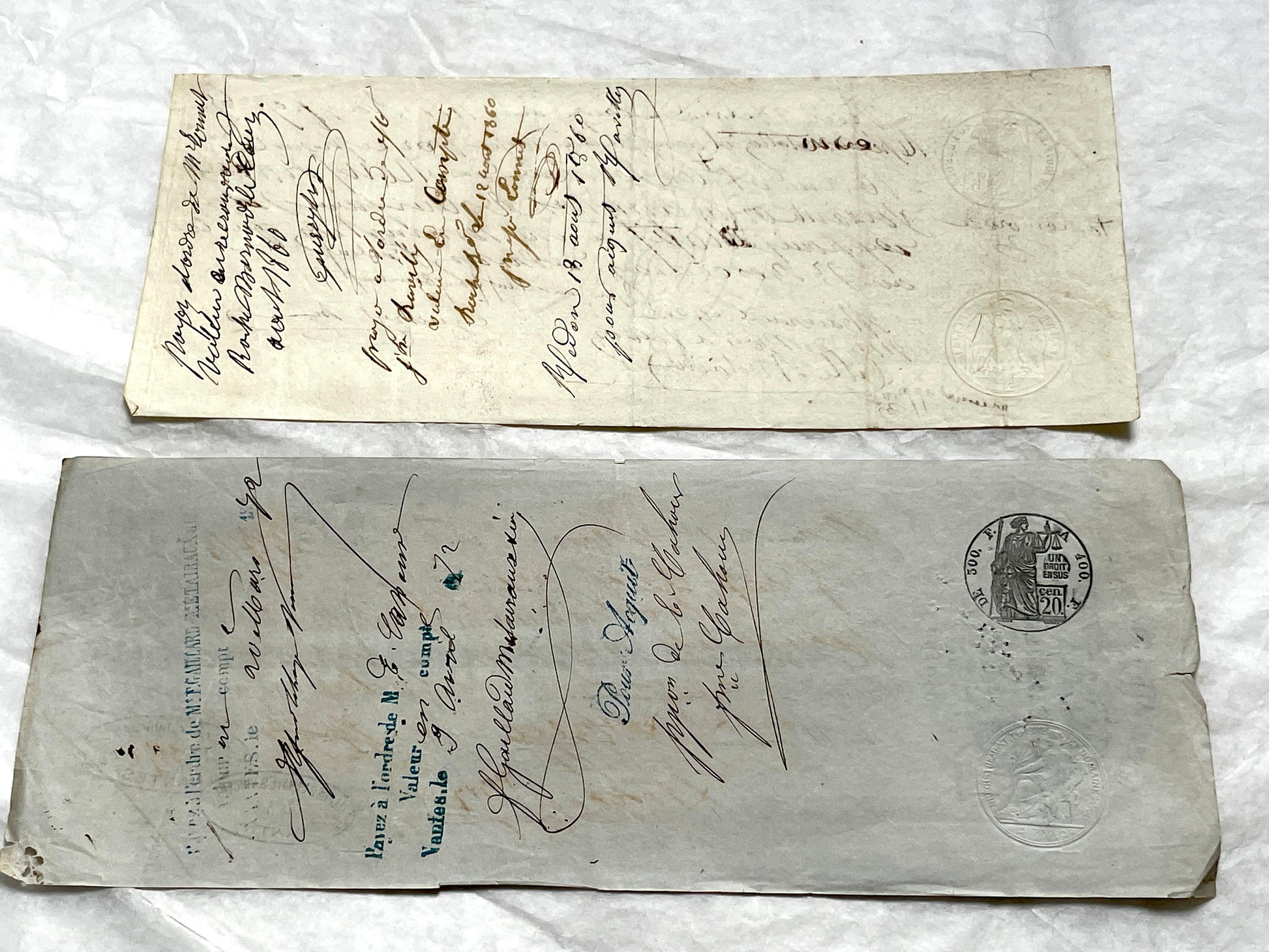 Set of 6 French exchange letters, Late 19th century, with handwritten script, official stamps, and aged paper texture.