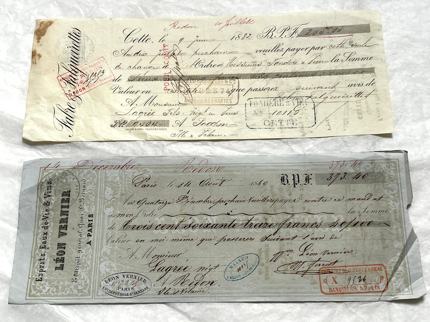Set of 6 French exchange letters, Late 19th century, with handwritten script, official stamps, and aged paper texture.