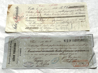 Set of 6 French exchange letters, Late 19th century, with handwritten script, official stamps, and aged paper texture.