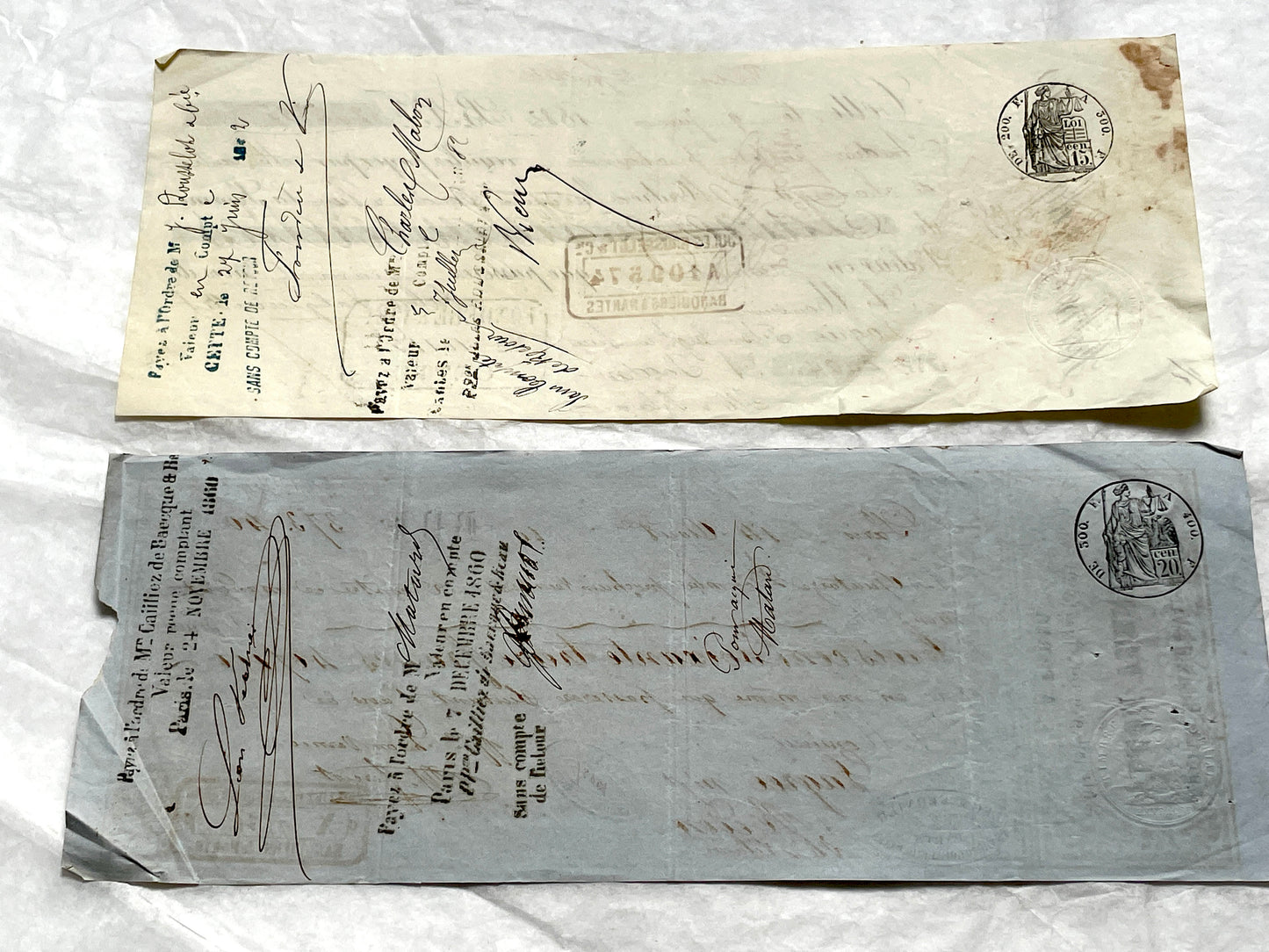 Set of 6 French exchange letters, Late 19th century, with handwritten script, official stamps, and aged paper texture.
