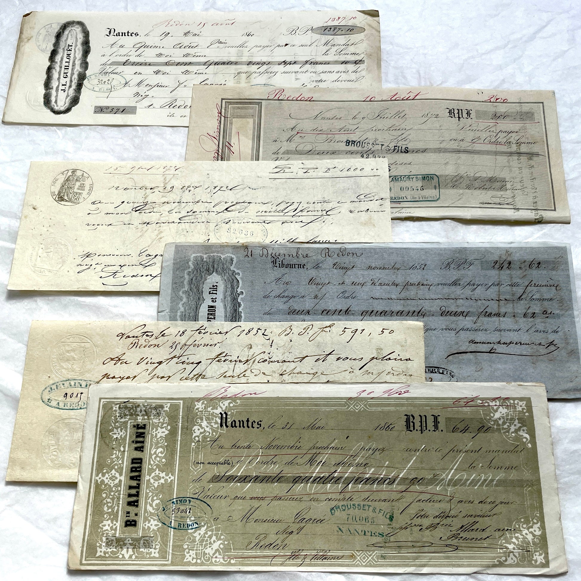 Set of 6 Mid 19th Century French exchange letters, antique handwritten financial documents with stamps.