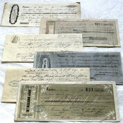 Set of 6 Mid 19th Century French exchange letters, antique handwritten financial documents with stamps.