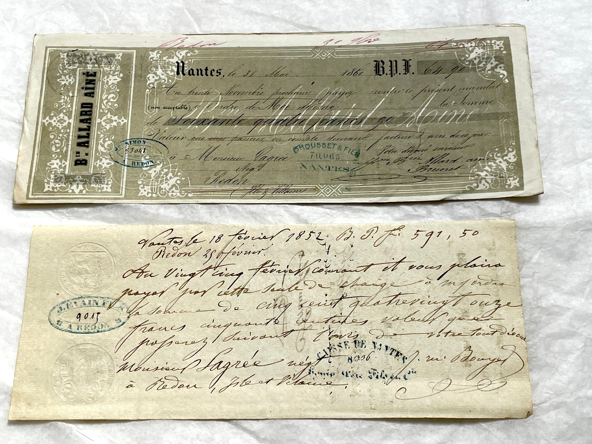 Set of 6 Mid 19th Century French exchange letters, antique handwritten financial documents with stamps.