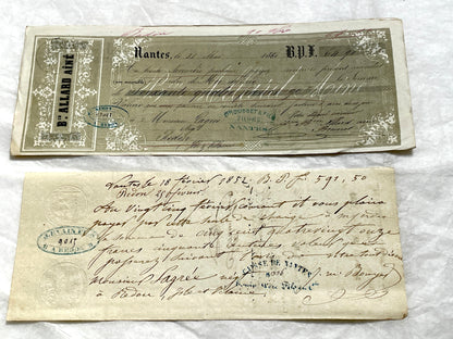 Set of 6 Mid 19th Century French exchange letters, antique handwritten financial documents with stamps.