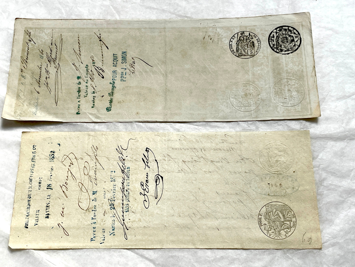 Set of 6 Mid 19th Century French exchange letters, antique handwritten financial documents with stamps.