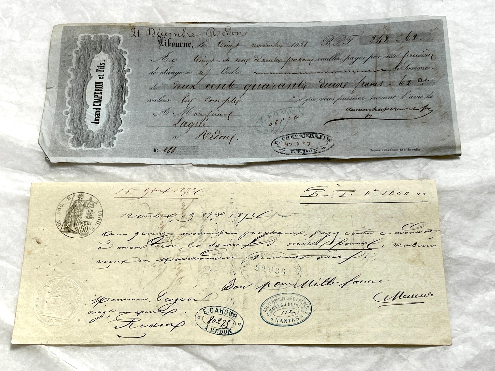 Set of 6 Mid 19th Century French exchange letters, antique handwritten financial documents with stamps.