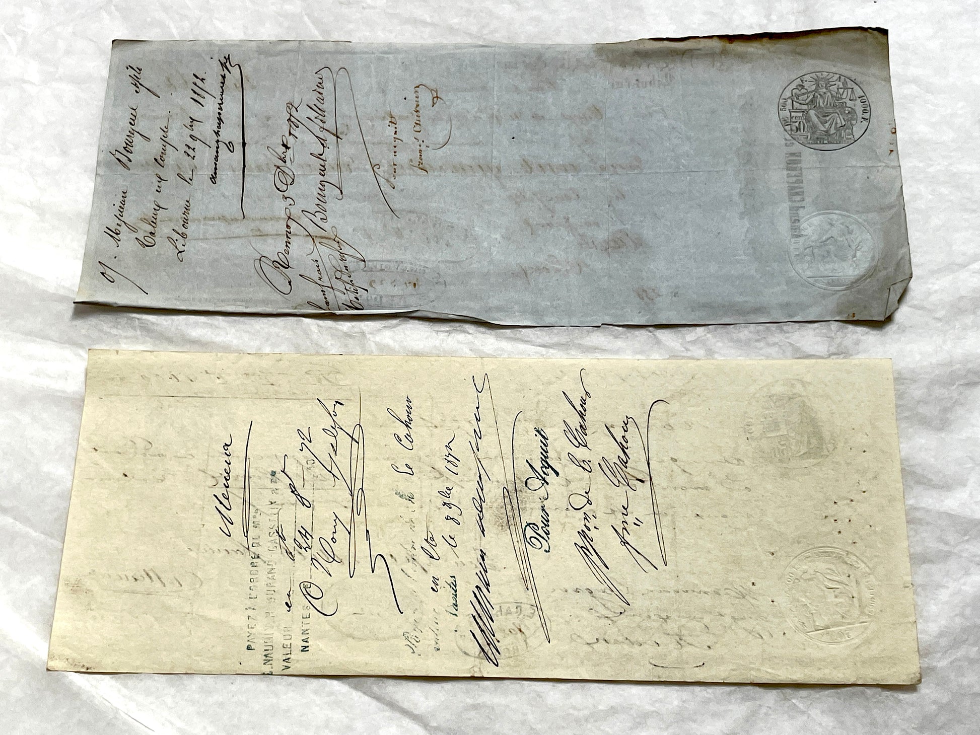 Set of 6 Mid 19th Century French exchange letters, antique handwritten financial documents with stamps.