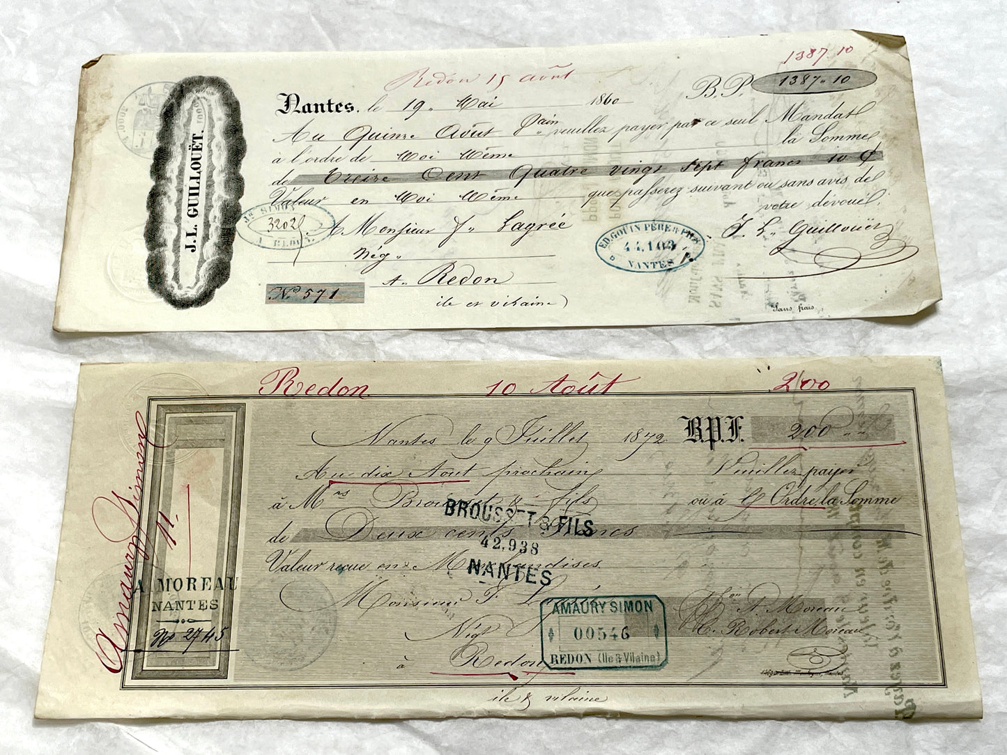 Set of 6 Mid 19th Century French exchange letters, antique handwritten financial documents with stamps.