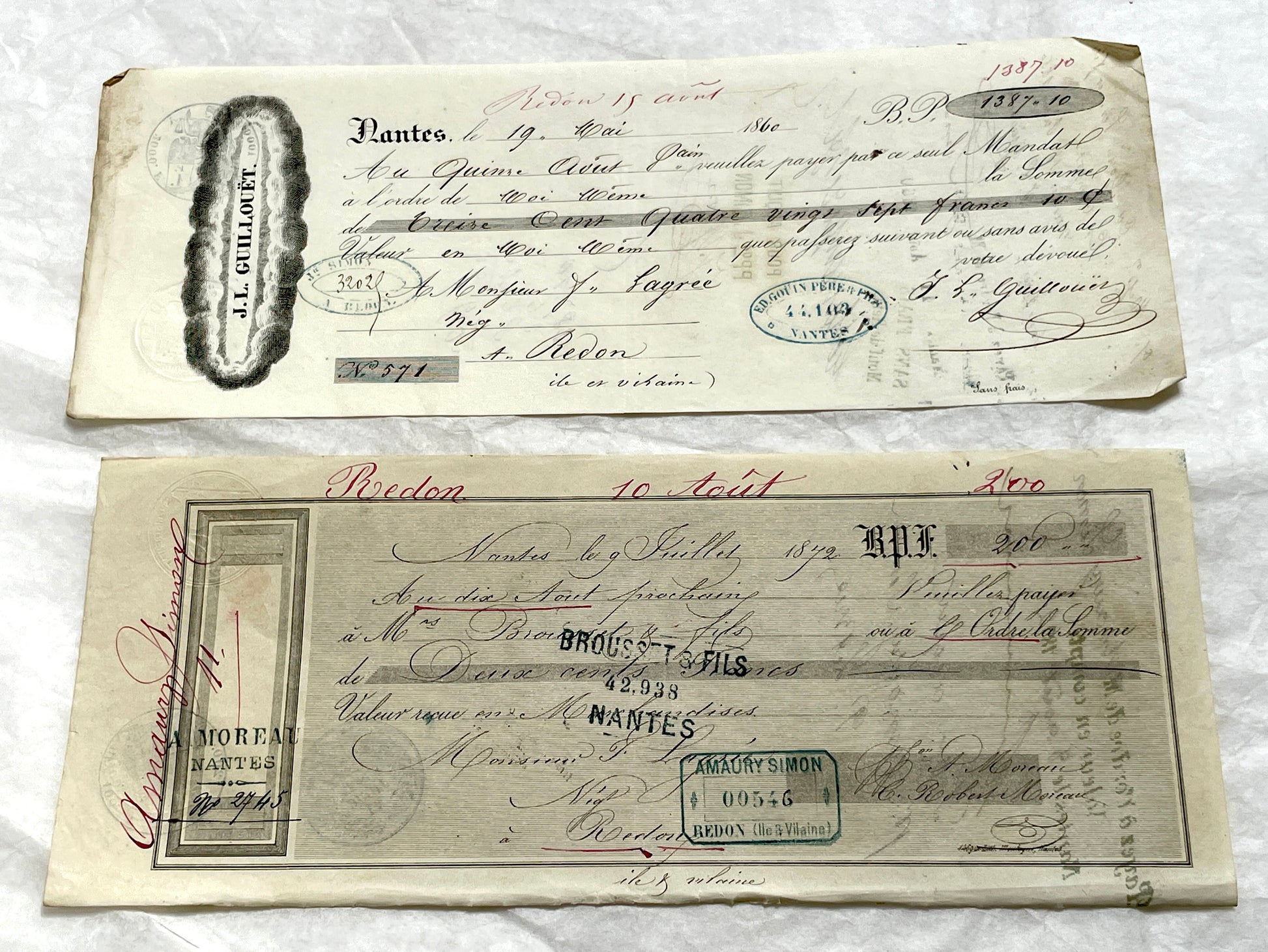 Set of 6 Mid 19th Century French exchange letters, antique handwritten financial documents with stamps.
