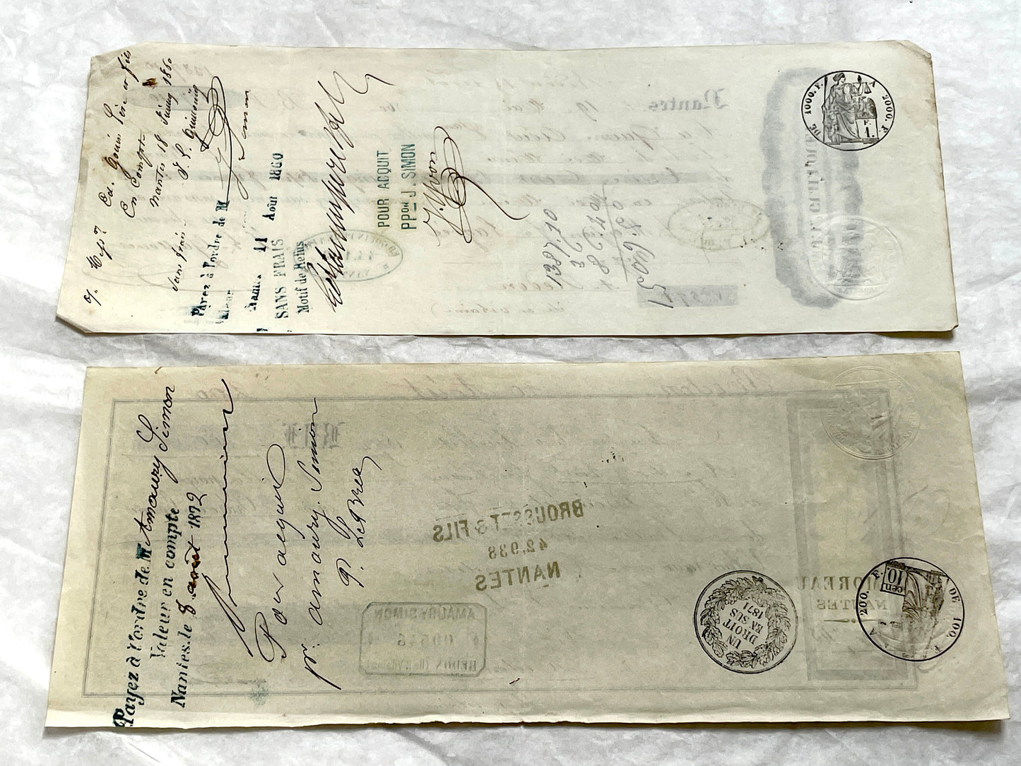 Set of 6 Mid 19th Century French exchange letters, antique handwritten financial documents with stamps.