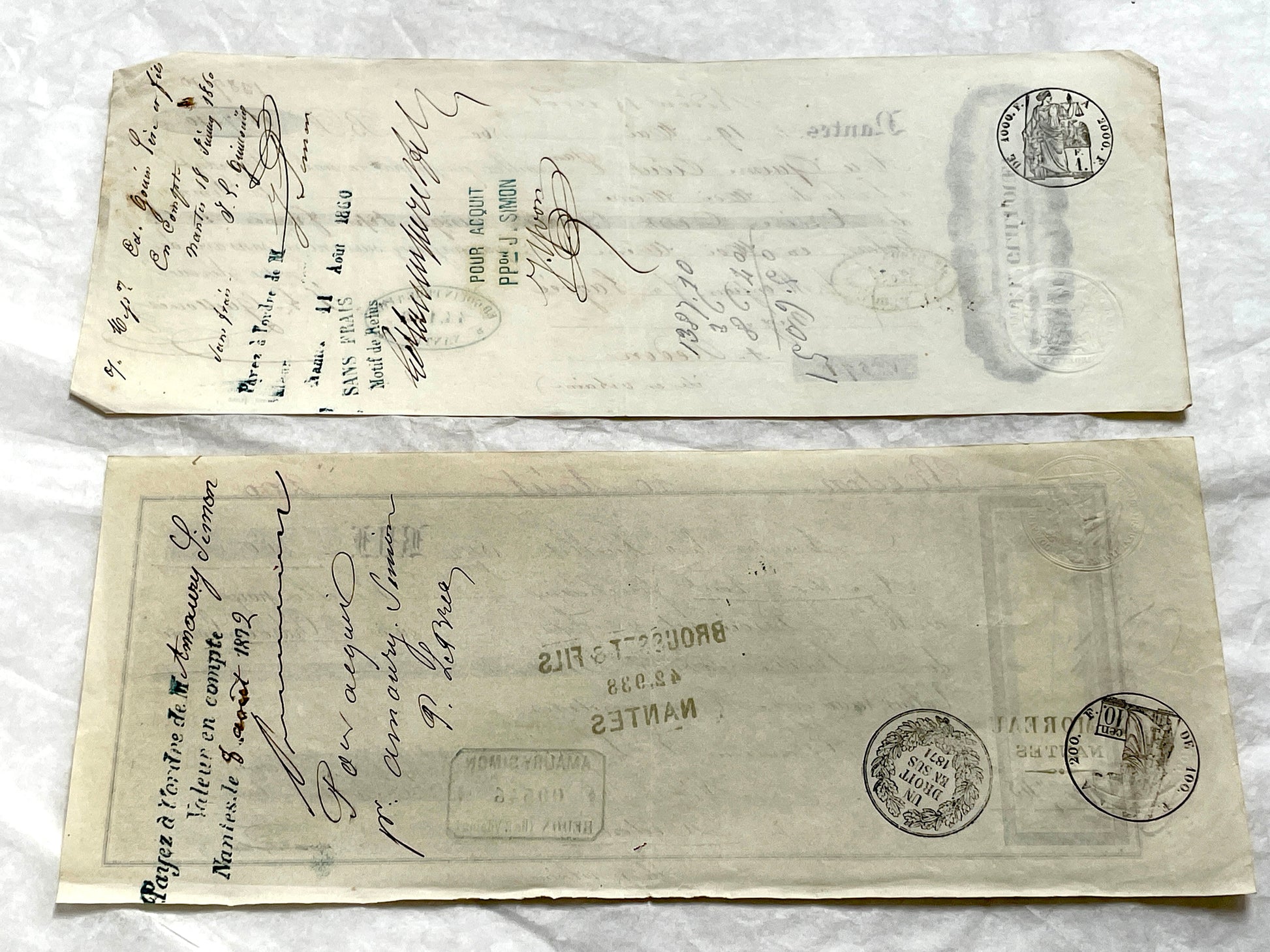 Set of 6 Mid 19th Century French exchange letters, antique handwritten financial documents with stamps.