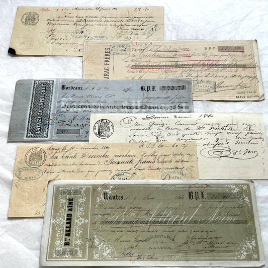 Set of 6 Mid 19th Century French exchange letters with handwritten script, official stamps, and financial details.