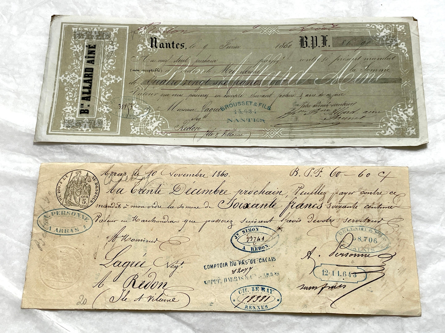 Set of 6 Mid 19th Century French exchange letters with handwritten script, official stamps, and financial details.