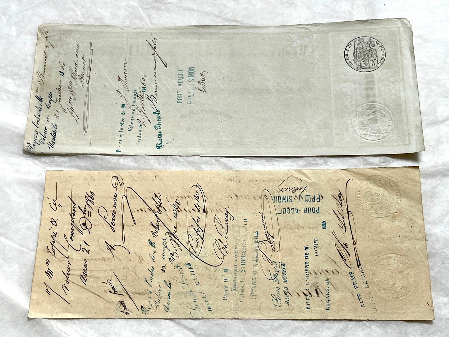 Set of 6 Mid 19th Century French exchange letters with handwritten script, official stamps, and financial details.