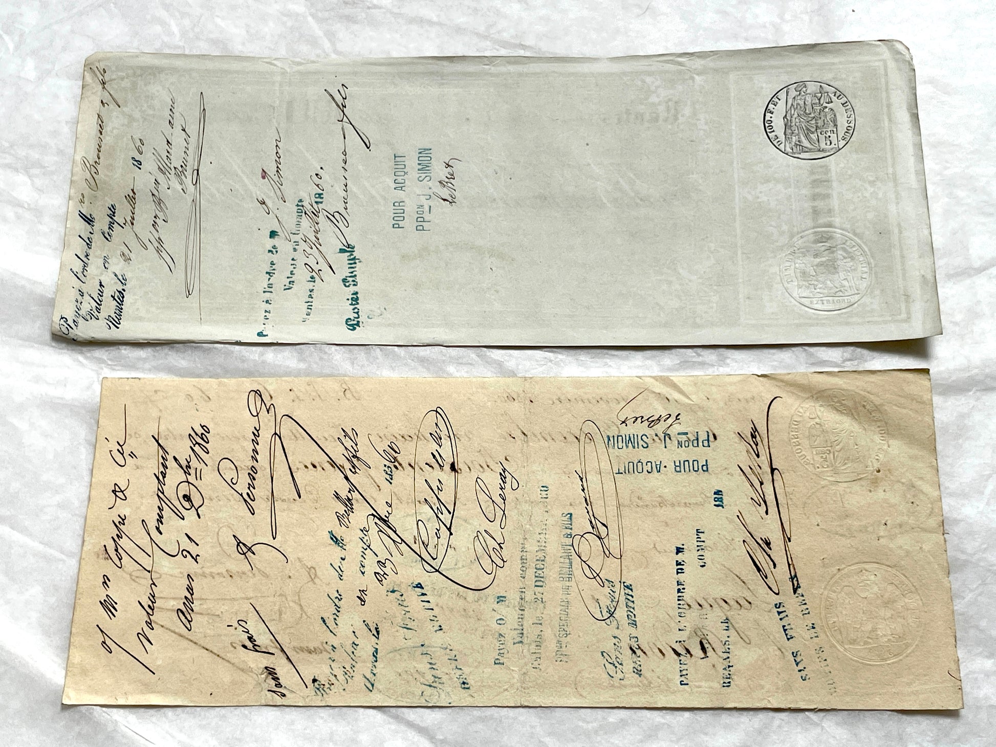 Set of 6 Mid 19th Century French exchange letters with handwritten script, official stamps, and financial details.
