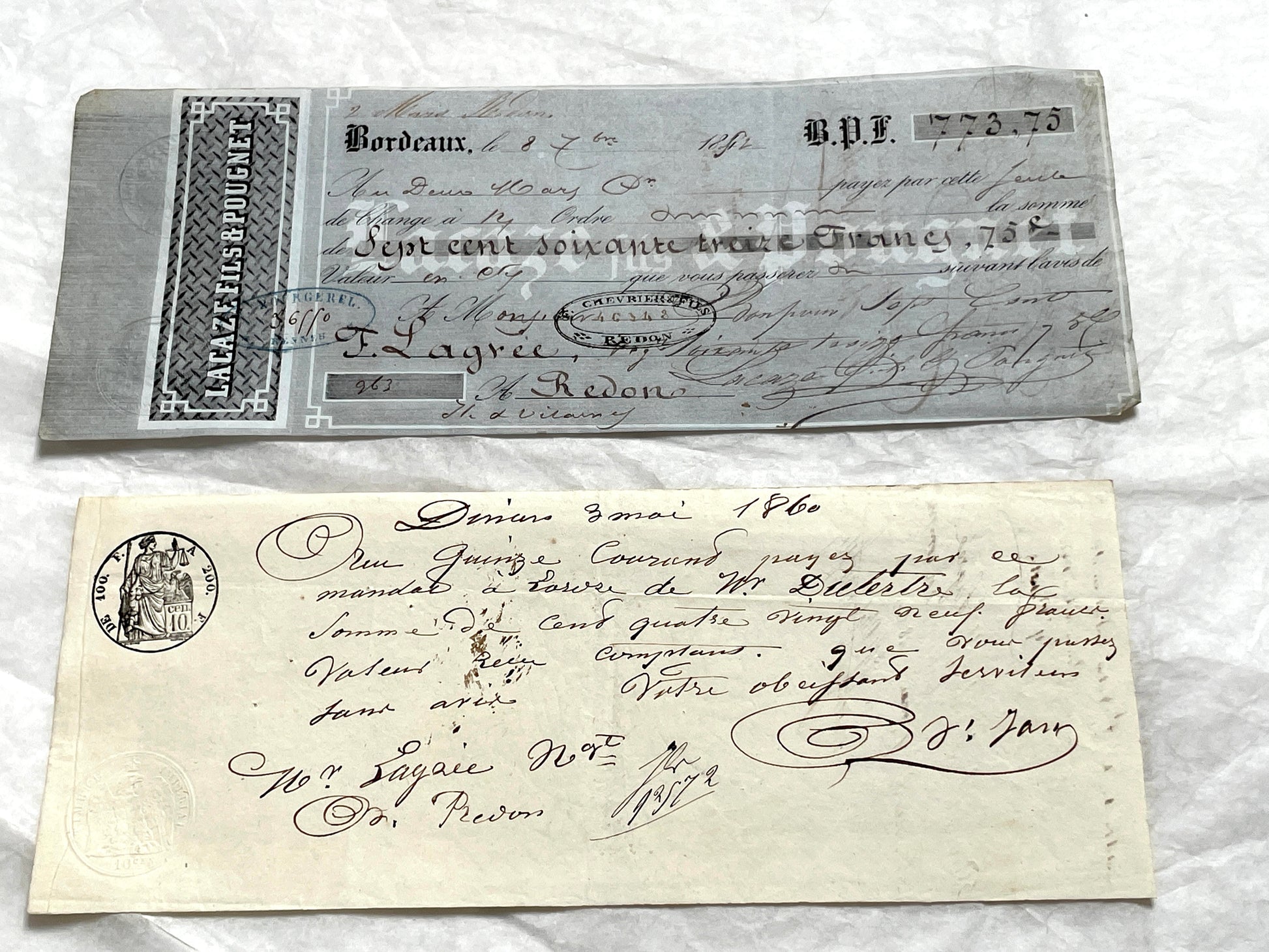Set of 6 Mid 19th Century French exchange letters with handwritten script, official stamps, and financial details.