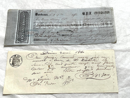 Set of 6 Mid 19th Century French exchange letters with handwritten script, official stamps, and financial details.