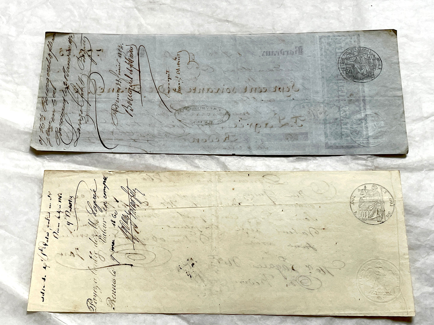 Set of 6 Mid 19th Century French exchange letters with handwritten script, official stamps, and financial details.