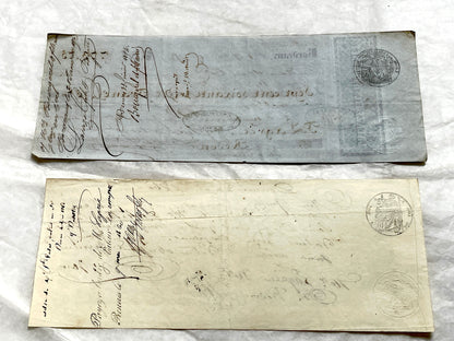 Set of 6 Mid 19th Century French exchange letters with handwritten script, official stamps, and financial details.