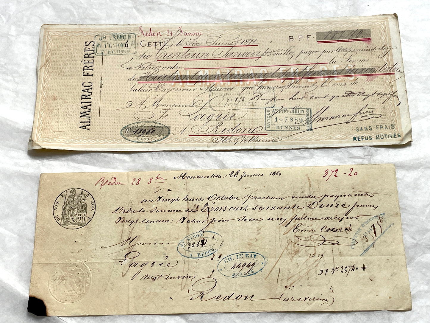 Set of 6 Mid 19th Century French exchange letters with handwritten script, official stamps, and financial details.