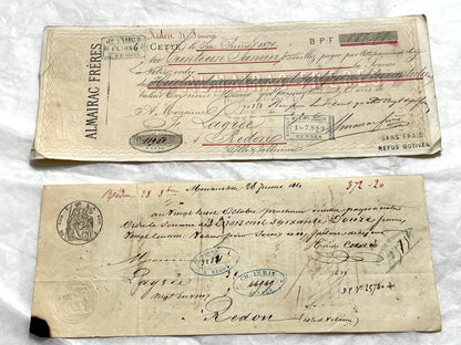 Set of 6 Mid 19th Century French exchange letters with handwritten script, official stamps, and financial details.